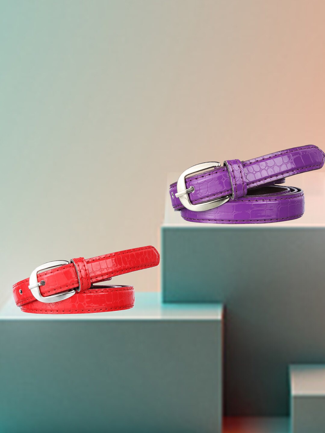 

Swiss Design Women Pack Of 2 Textured Slim Belt, Red