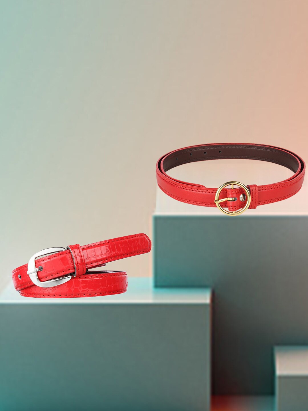 

Swiss Design Women Set Of 2 Casual Slim Belts, Red