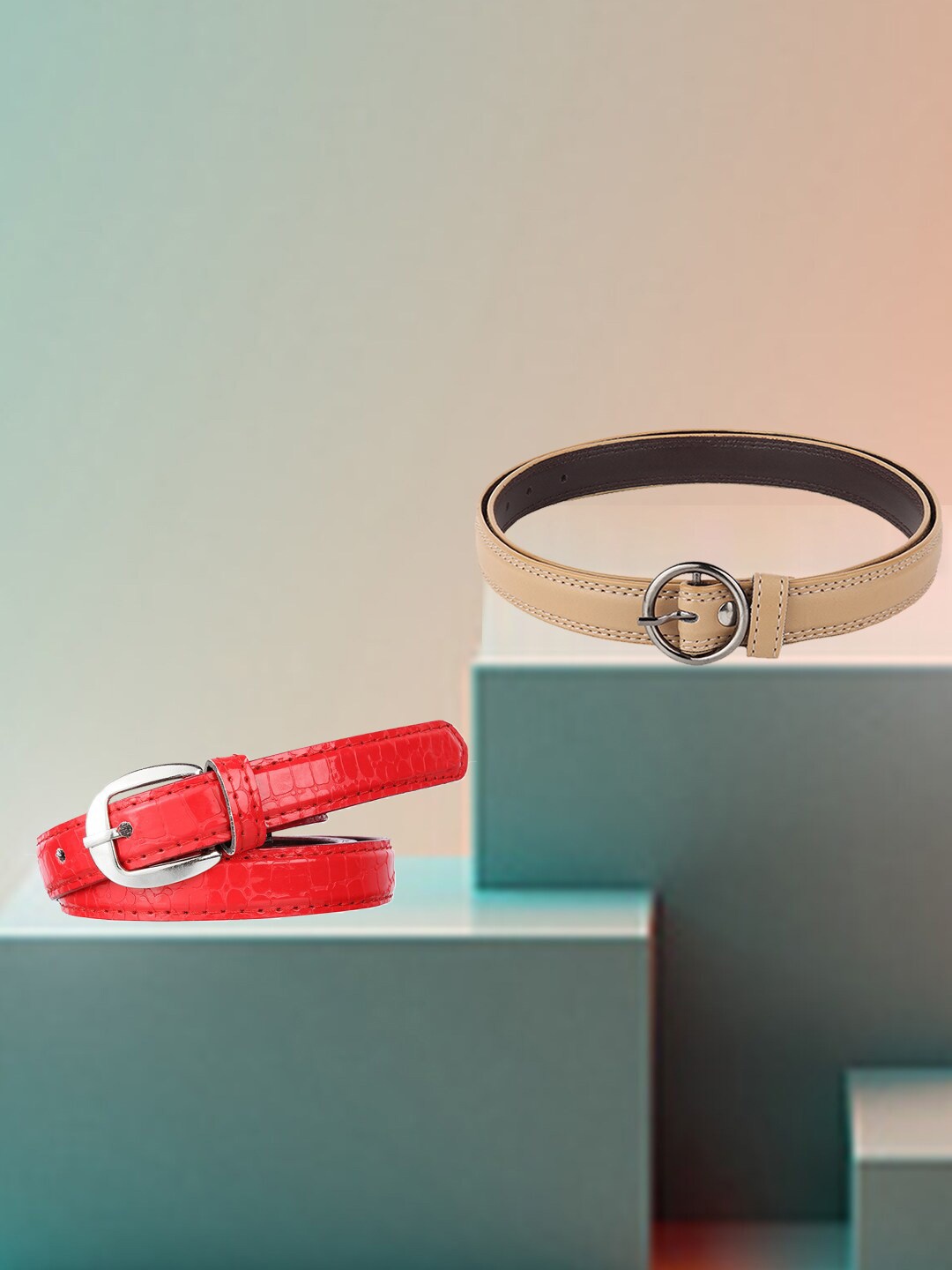 

Swiss Design Women Pack Of 2 Textured Slim Belt, Red