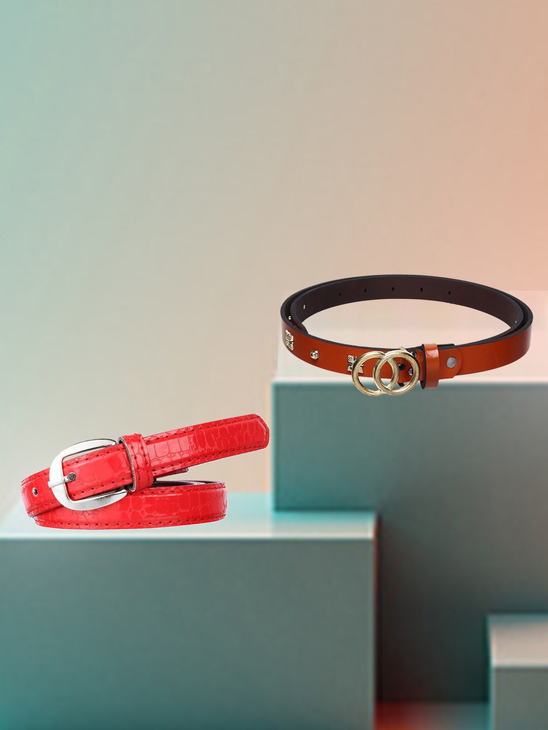

Swiss Design Women Pack Of 2 Textured Belt, Red
