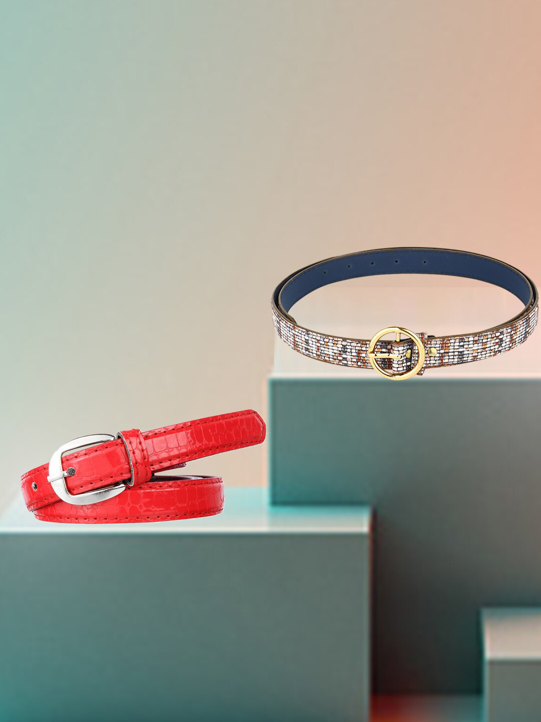 

Swiss Design Women Set of 2 Textured Casual Belt, Red