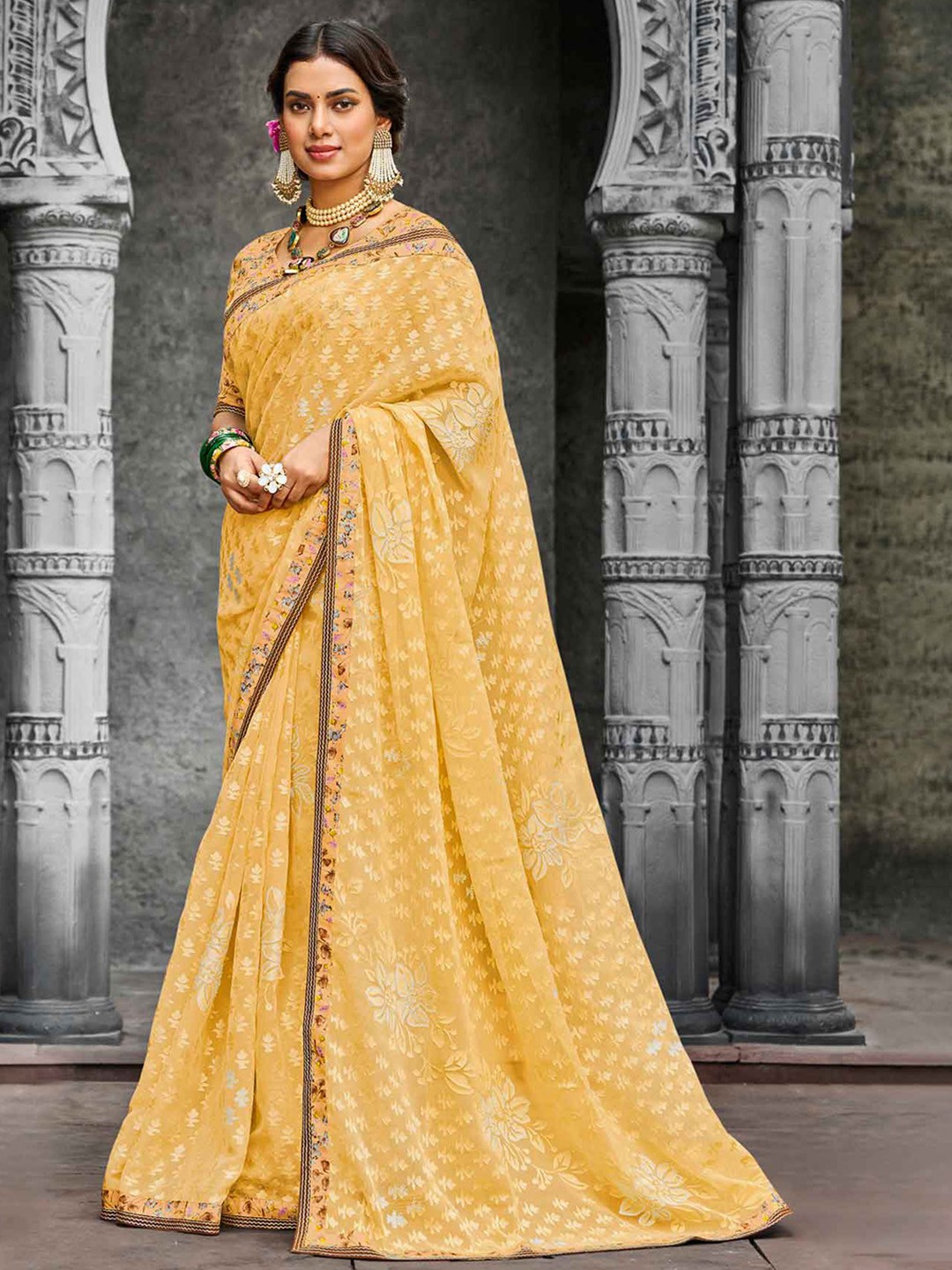 

Laxmipati Floral Woven Design Embroidered Saree, Yellow