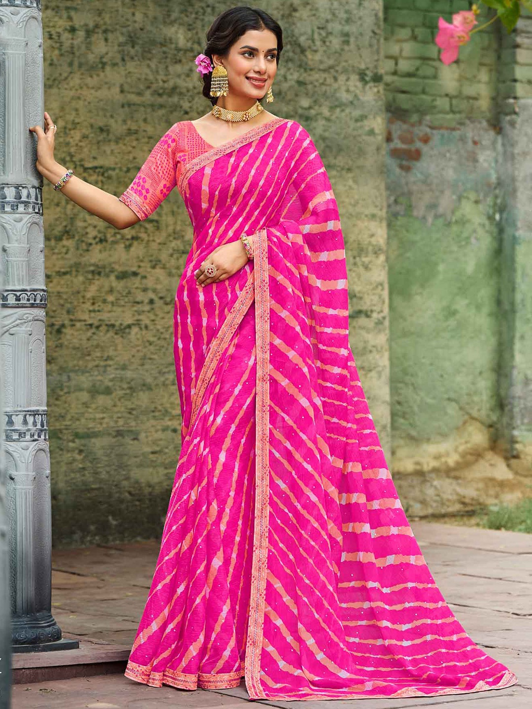 

Laxmipati Leheriya Printed Saree, Pink