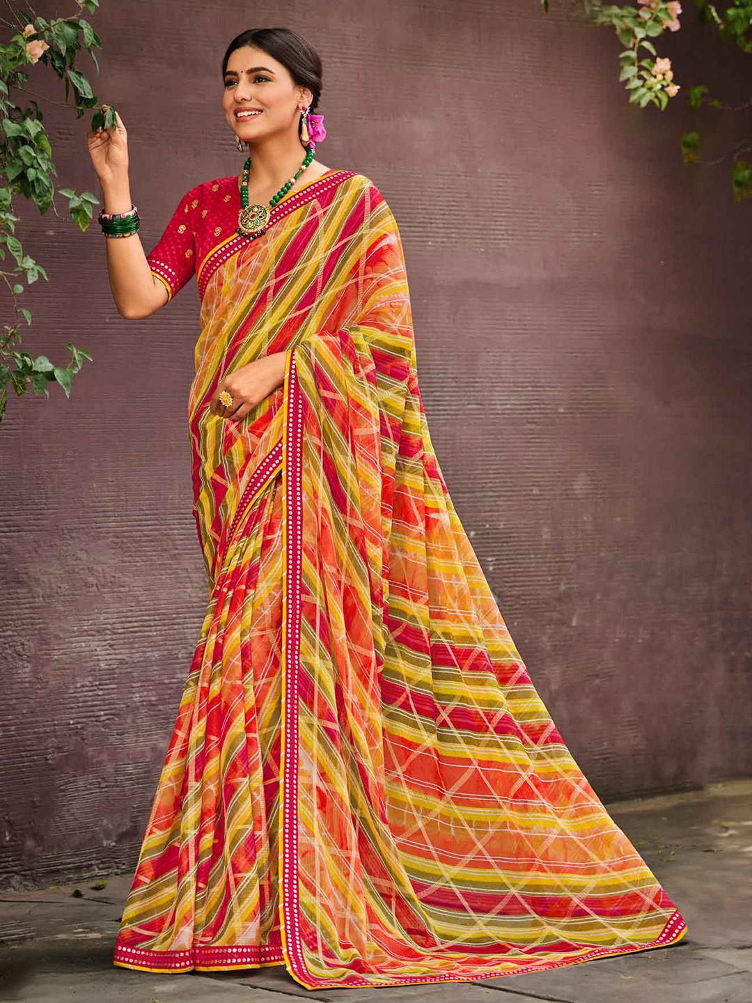 

Laxmipati Striped Mirror Work Saree, Red