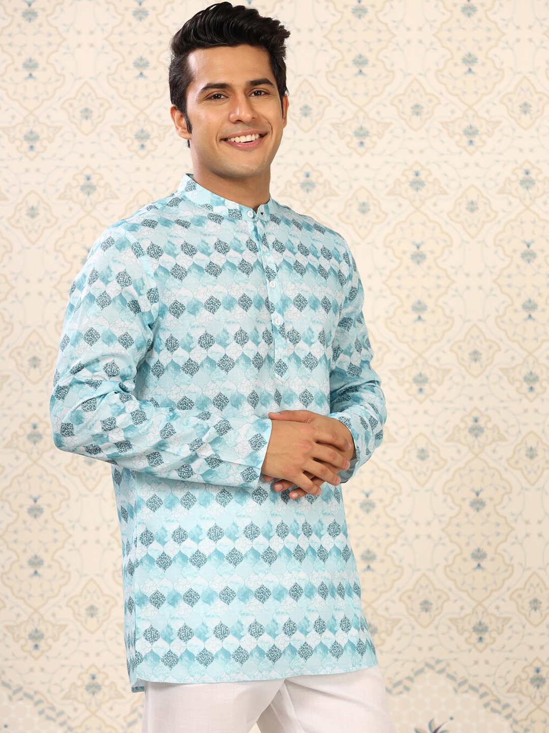 

Ode by House of Pataudi Ethnic Printed Band Collar Kurta, Blue