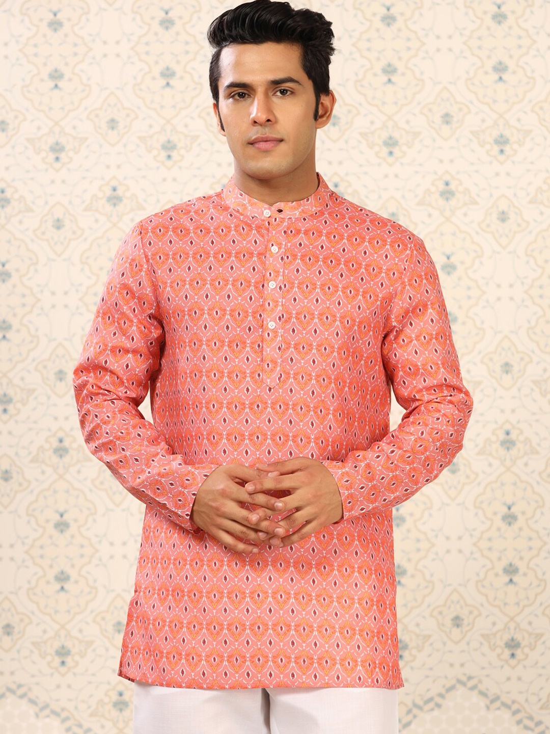 

Ode by House of Pataudi Mandarin Collar Geometric Printed Kurta, Rose