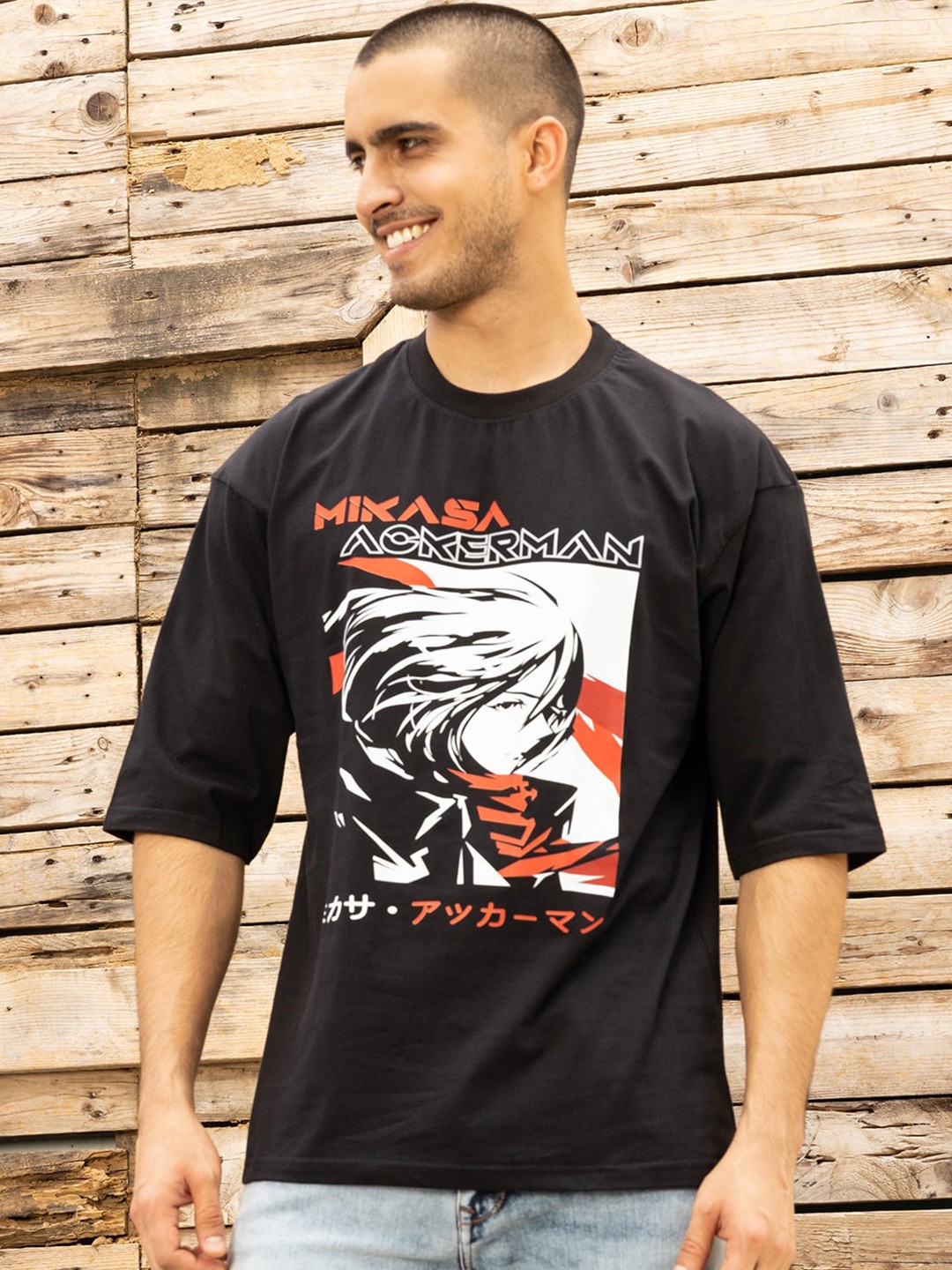 

Gavin Paris Mikasa Graphic Printed Drop-Shoulder Sleeves Oversize Cotton T-shirt, Black