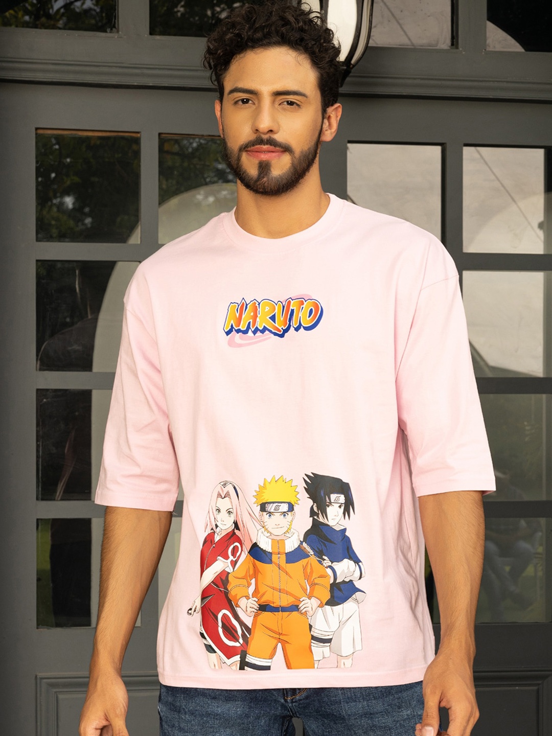 

Gavin Paris Naruto Graphic Printed Oversized Drop-Shoulder Cotton T-shirt, Pink