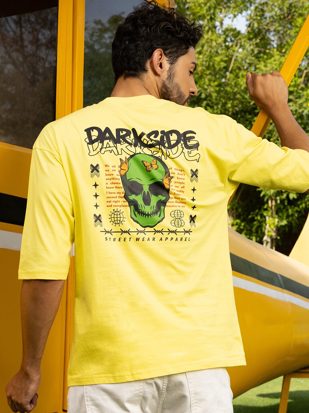 Gavin Paris Graphic Printed Drop-Shoulder Sleeves Oversized Cotton Oversized T-shirt, Yellow