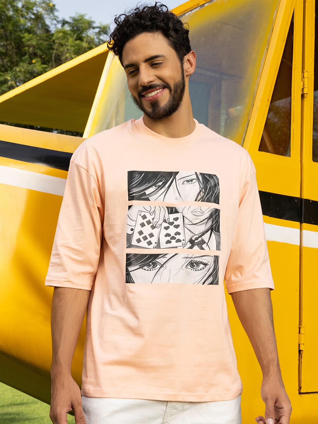 

Gavin Paris Graphic Printed Cotton Oversized Drop Shoulder T-shirt, Peach