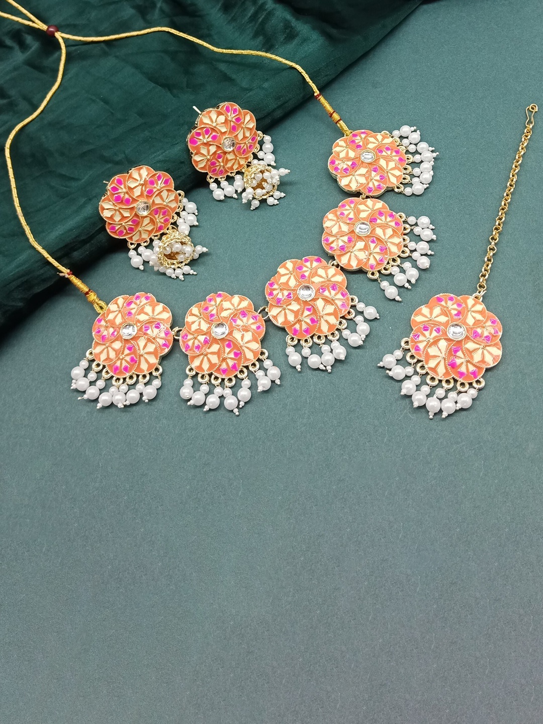 

AASHISH IMITATION Gold-Plated Meenakari Half Moon Coin Jewellery Set