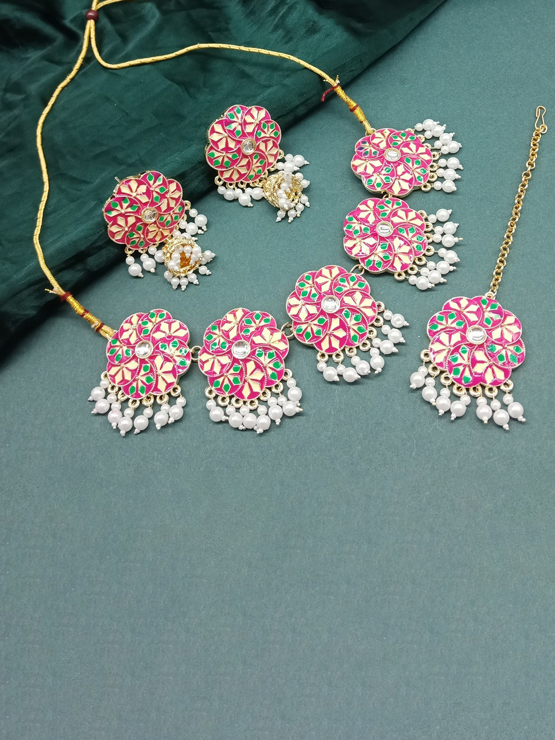 

AASHISH IMITATION Gold Plated Half Moon Flower Coin Set, Pink