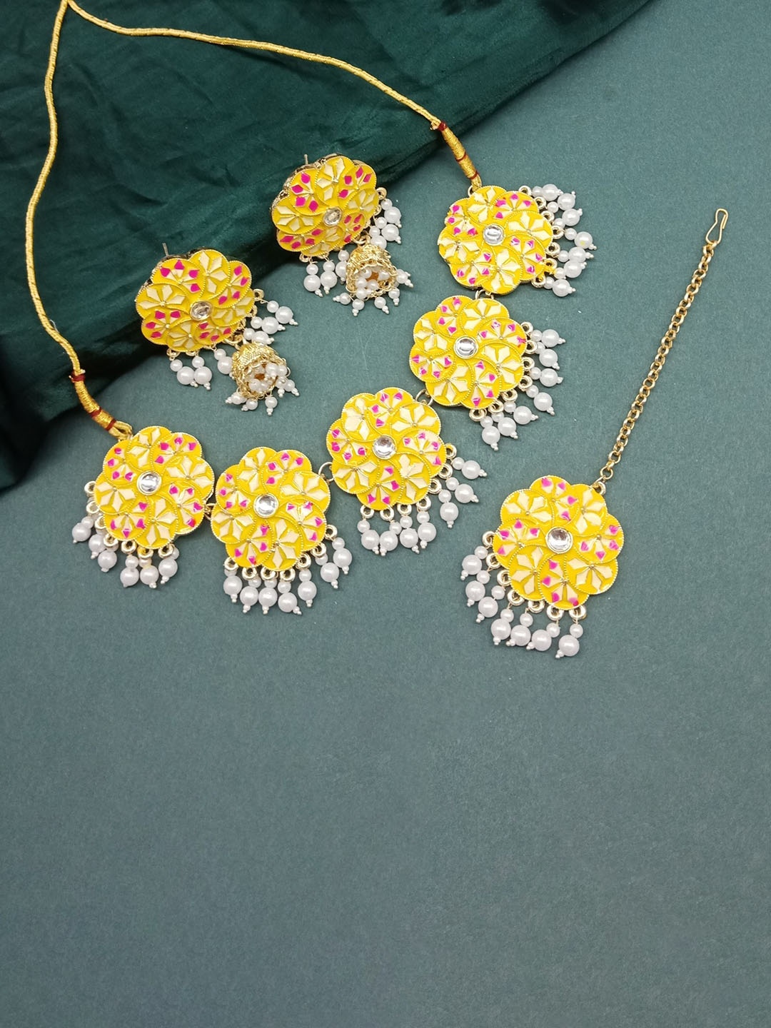 

AASHISH IMITATION Gold-Plated Meenakari Half Moon Flower Coin Jewellery Set