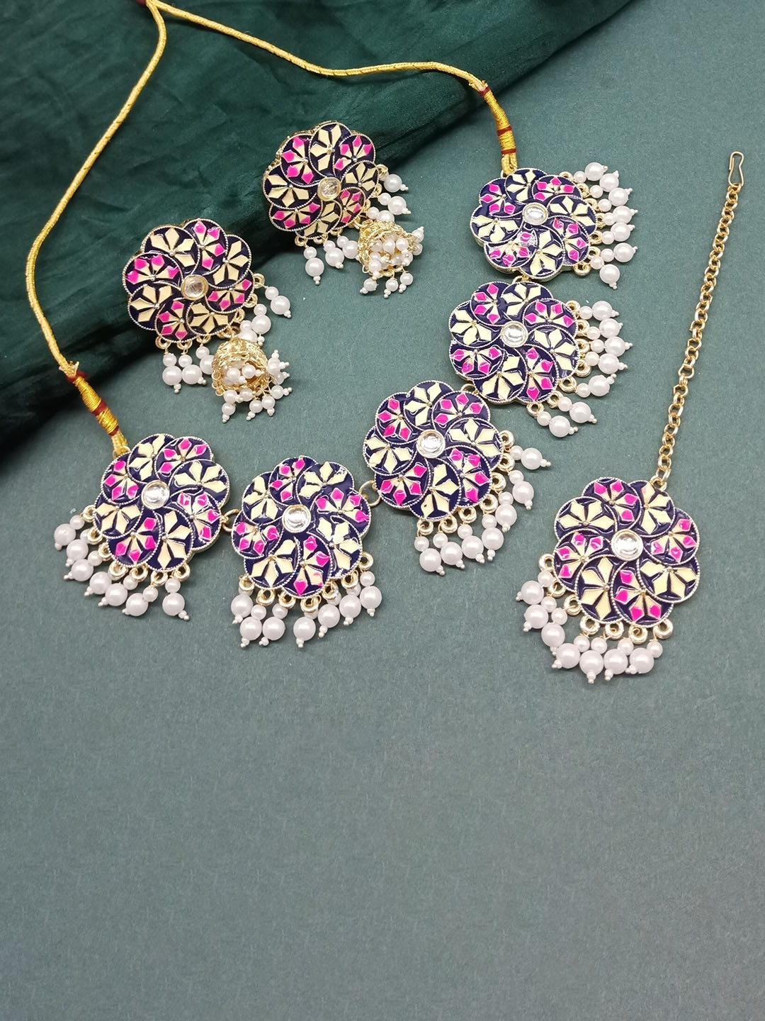 

AASHISH IMITATION Women Gold-Plated Floral Meenakari Jewellery Set