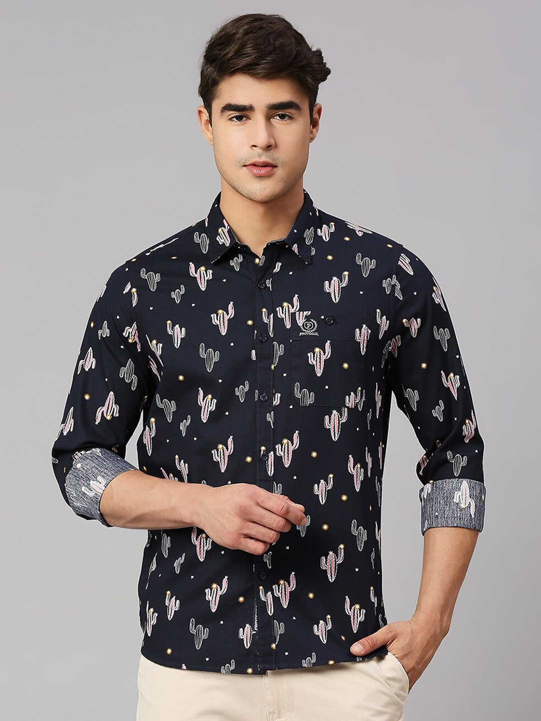 

Provogue Men Floral Printed Cotton Classic Slim Fit Opaque Casual Shirt, Navy blue