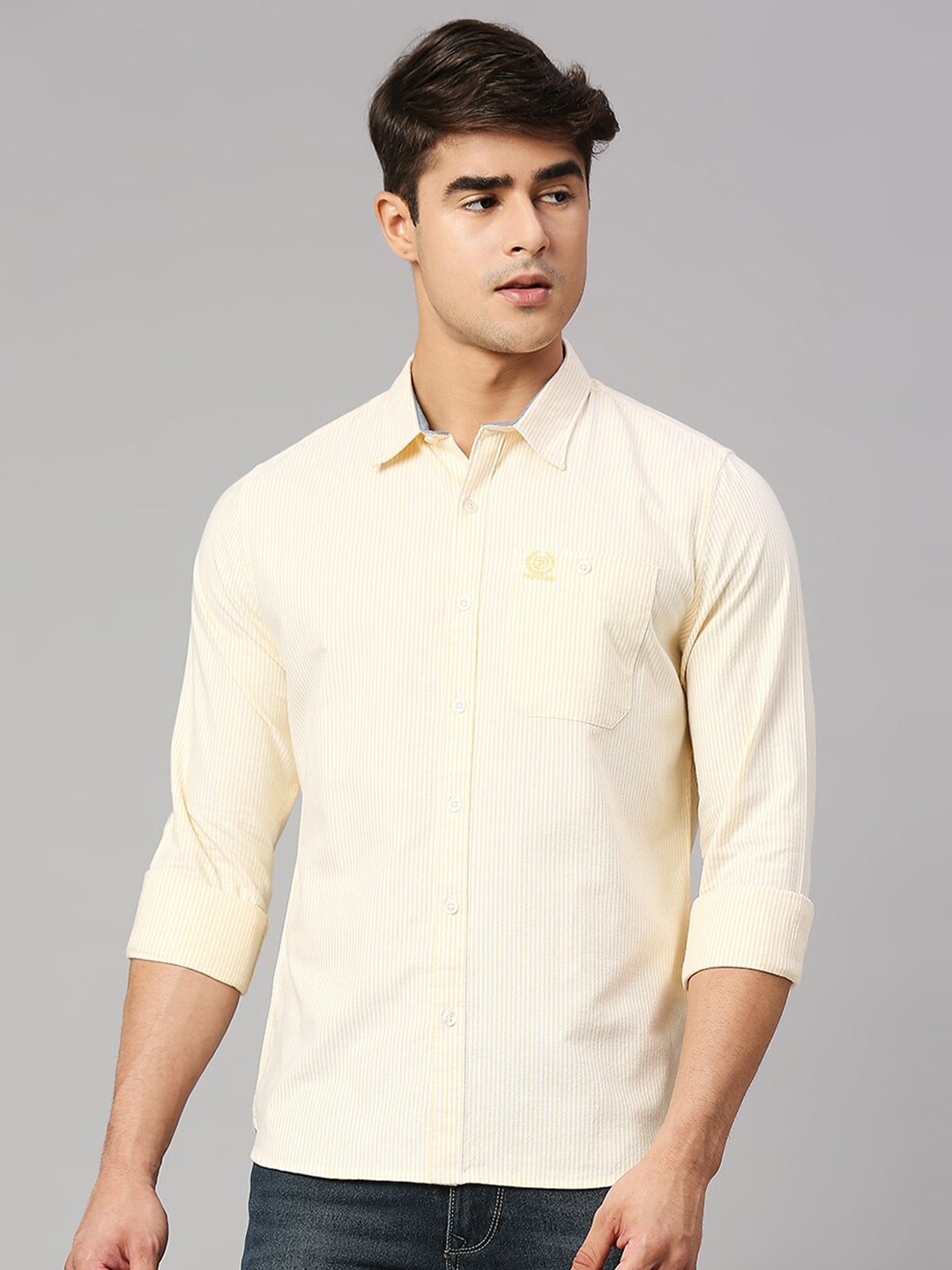 

Provogue Men Striped Cotton Classic Slim Fit Opaque Casual Shirt, Yellow