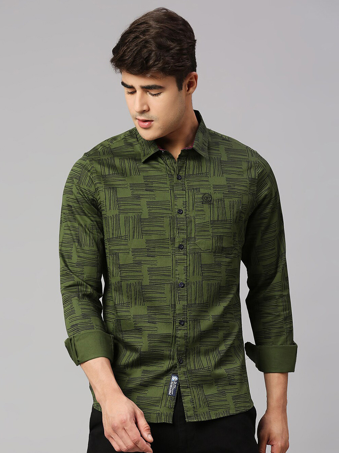 

Provogue Men Printed Cotton Classic Slim Fit Opaque Casual Shirt, Olive