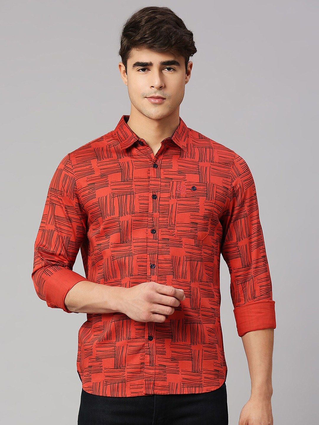 

Provogue Men Printed Cotton Classic Slim Fit Opaque Casual Shirt, Red