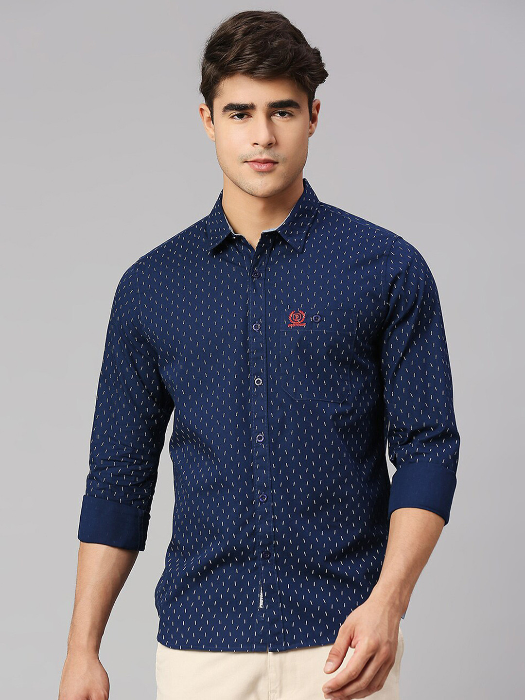 

Provogue Men Printed Cotton Classic Slim Fit Opaque Casual Shirt, Navy blue