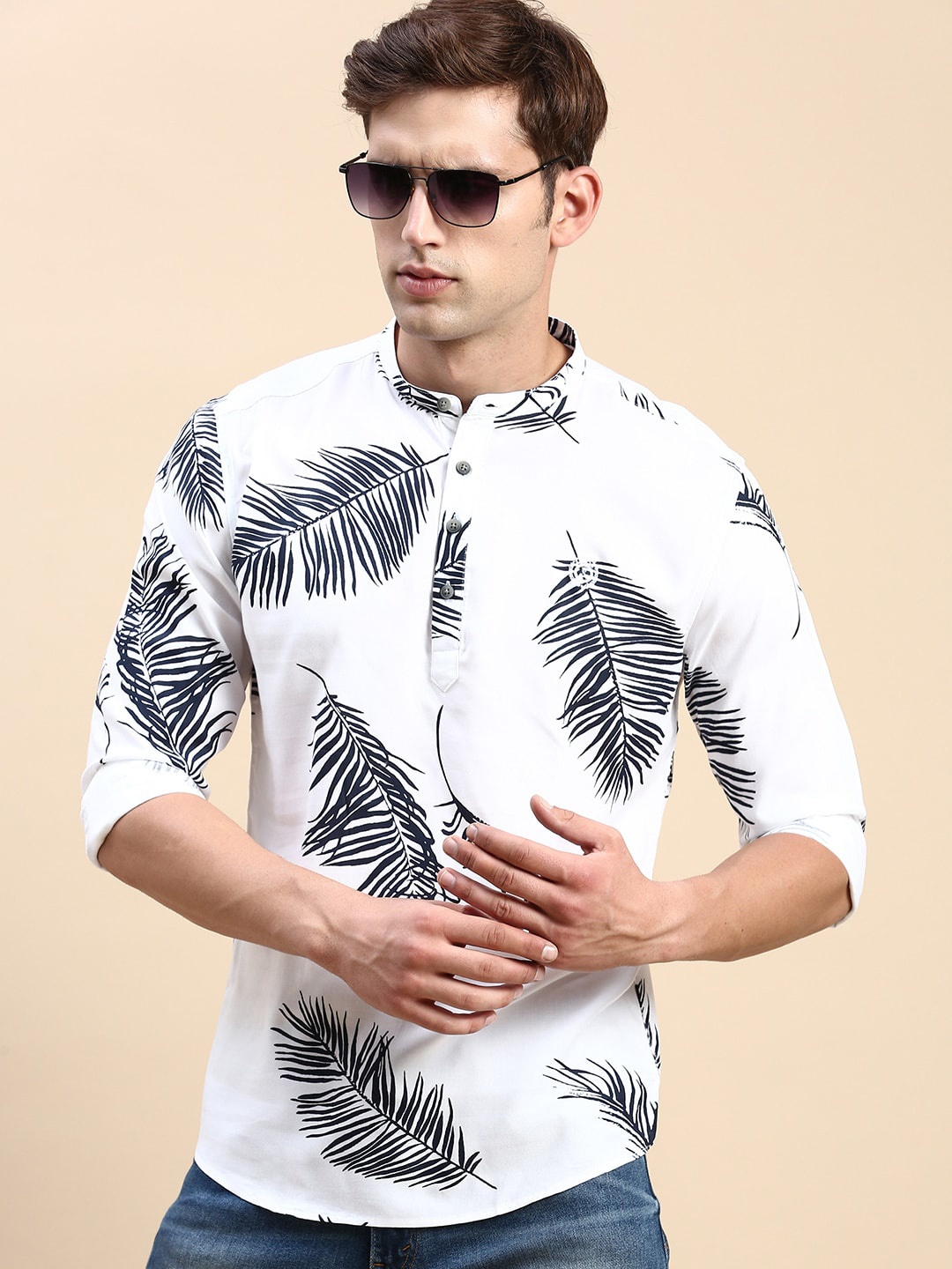 

SHOWOFF Printed Mandarin Collar Straight Kurta, White