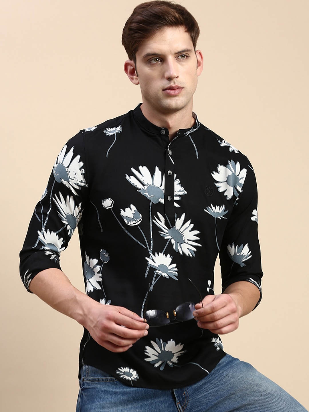 SHOWOFF Floral Printed Mandarin Collar Regular Sleeves Shirt, Black