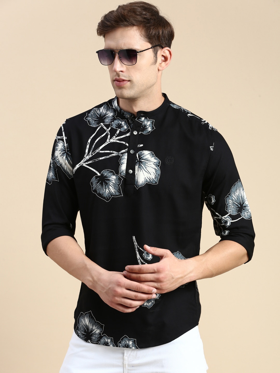 

SHOWOFF Floral Printed Mandarin Collar Shirt, Black