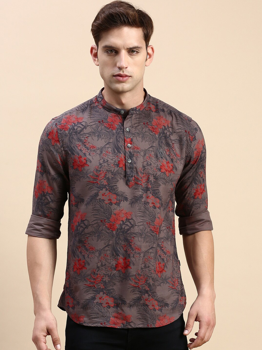 

SHOWOFF Floral Printed Band Collar Kurta, Brown