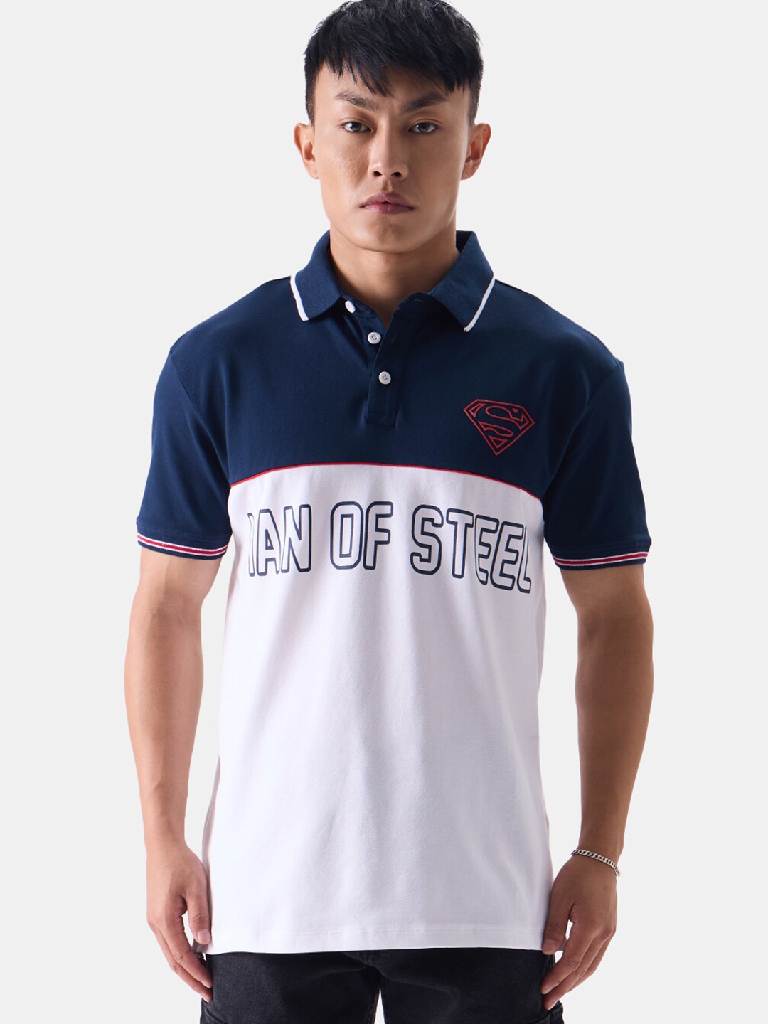 

The Souled Store Navy Blue & White Colourblocked Polo Collar T-shirt