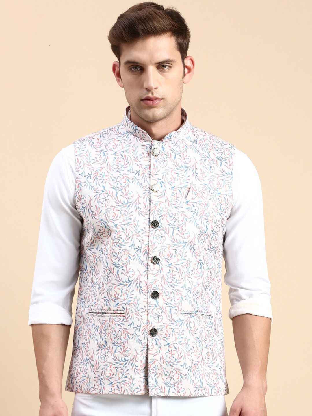 

SHOWOFF Slim Fit Printed Nehru Jacket, White