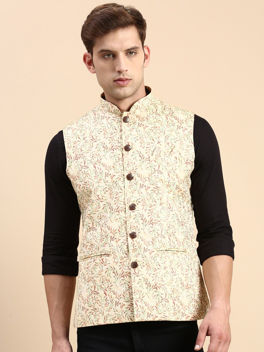 

SHOWOFF Slim Fit Printed Nehru Jacket, Cream