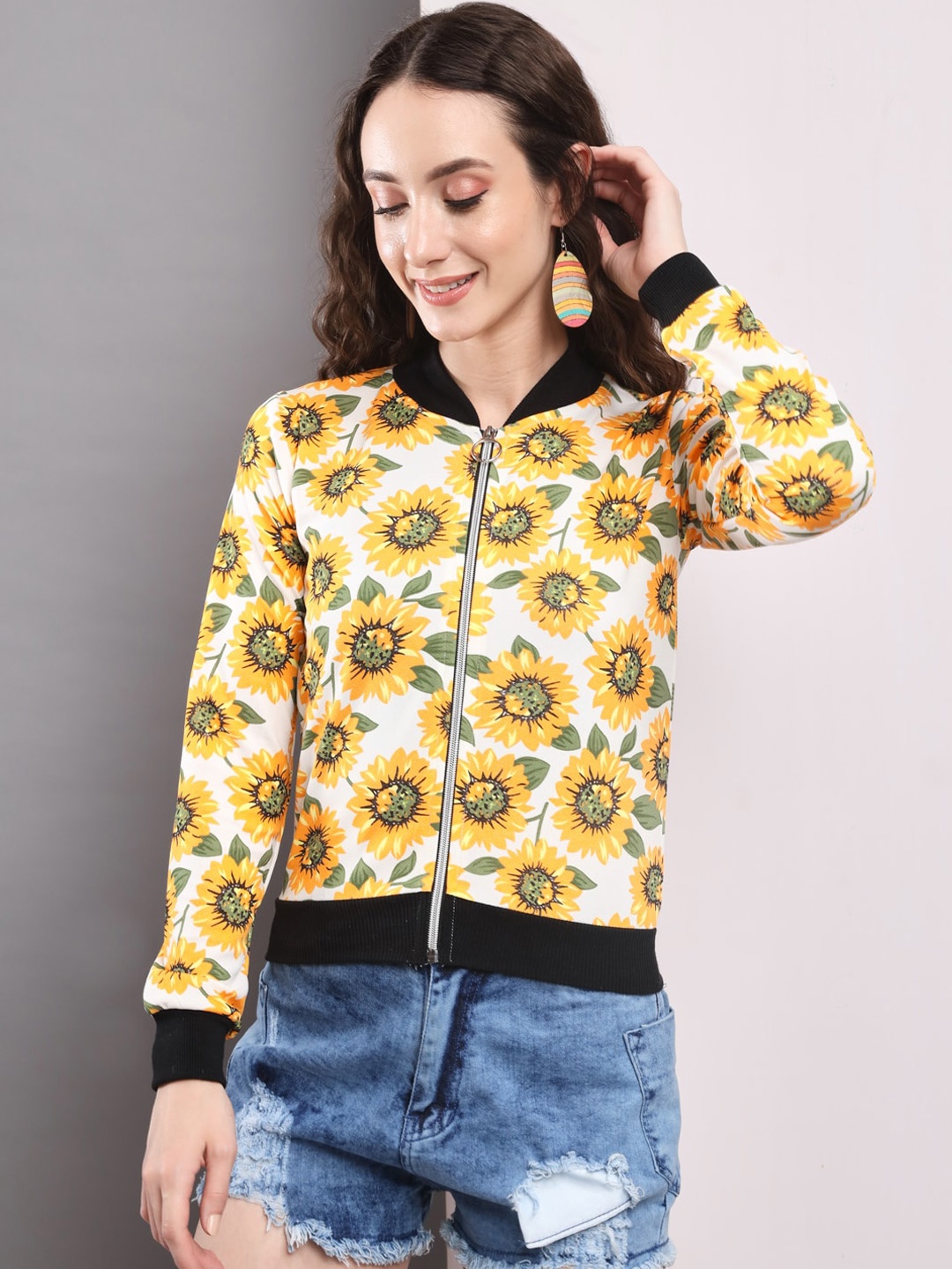 

BAESD Floral Printed Mock Collar Bomber Jacket, White