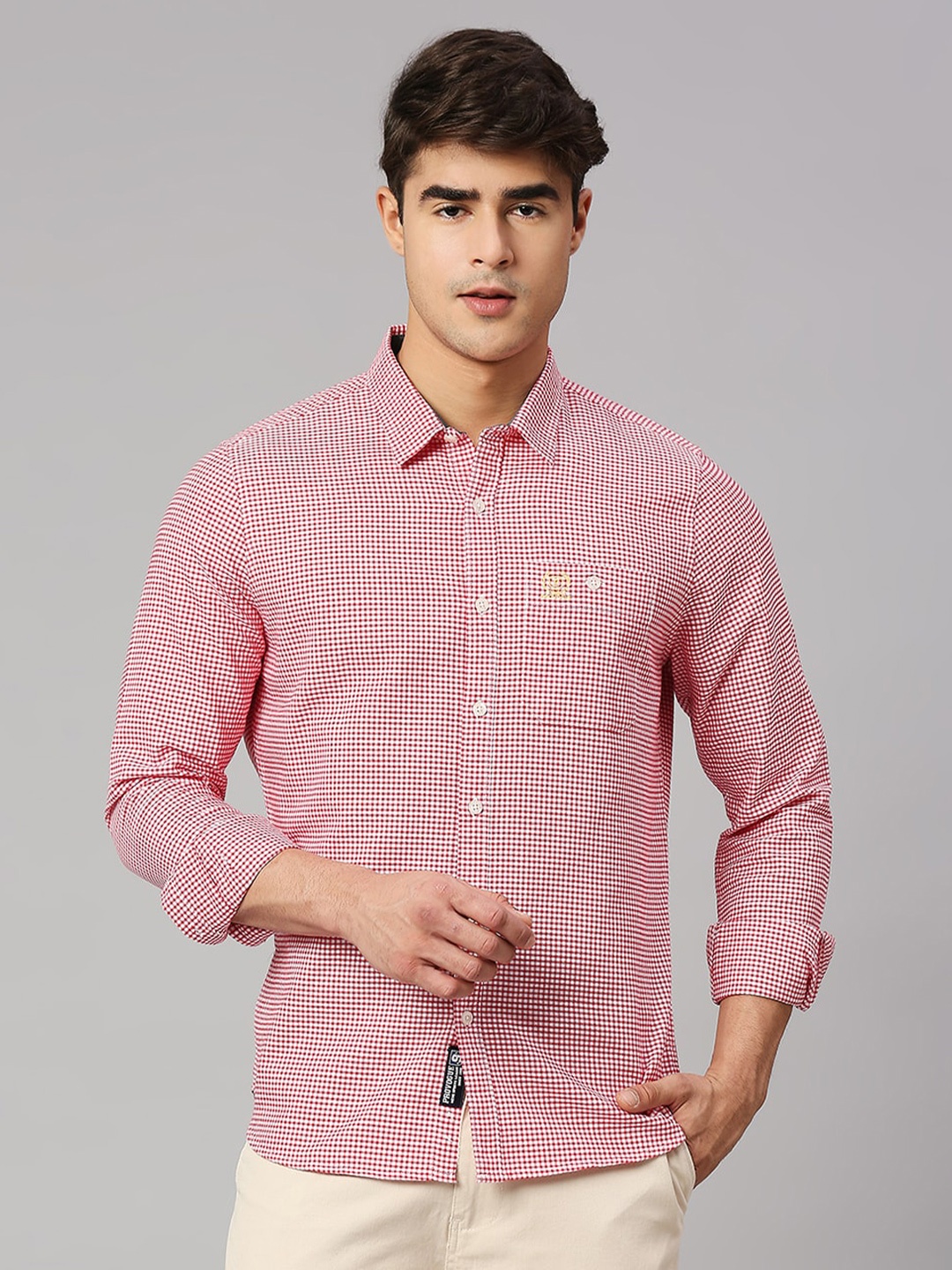 

Provogue Men Micro Checked Cotton Classic Slim Fit Opaque Casual Shirt, Red