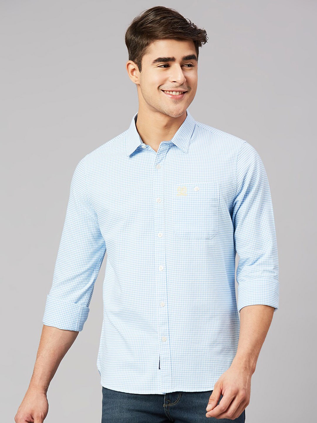 

Provogue Classic Slim Fit Opaque Micro Checks Pure Cotton Casual Shirt, Blue