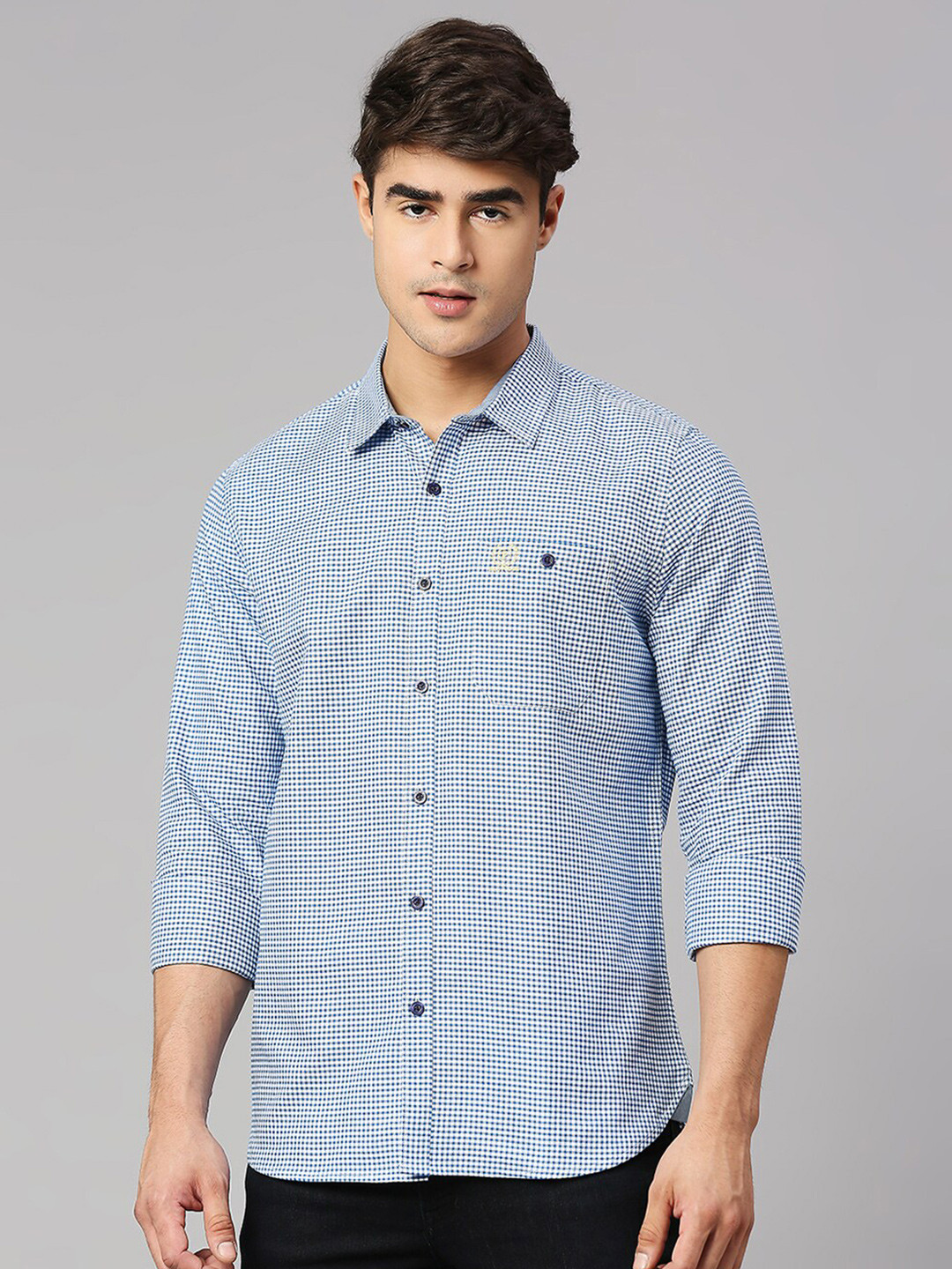 

Provogue Classic Slim Fit Micro Checks Pure Cotton Casual Shirt, Blue