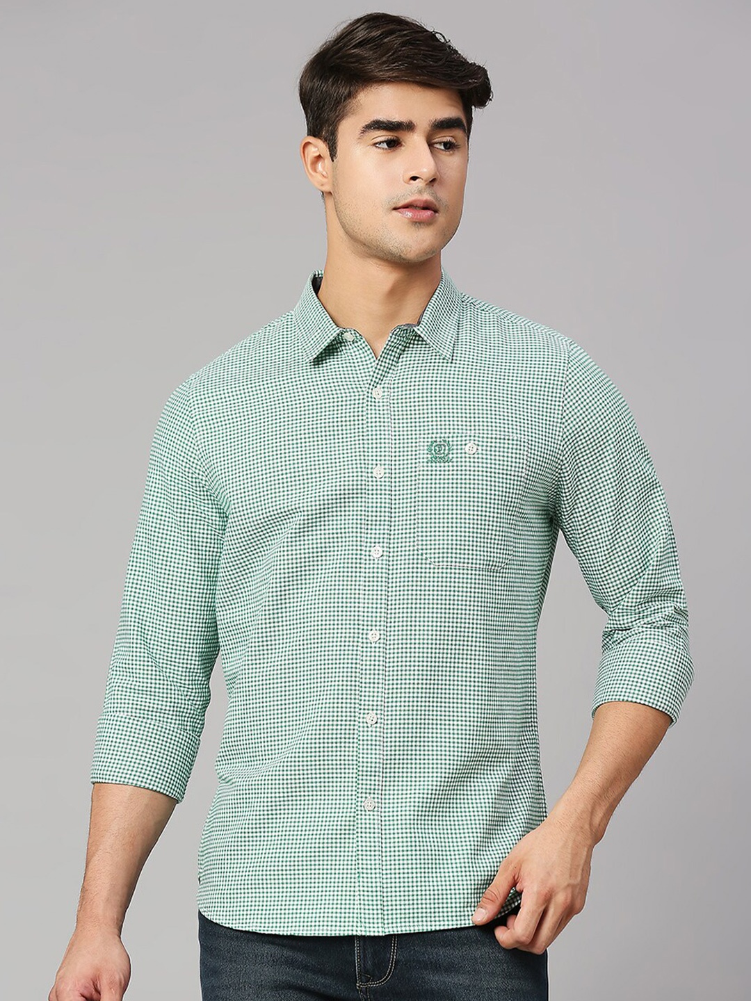 

Provogue Classic Slim Fit Micro Checks Pure Cotton Casual Shirt, Green