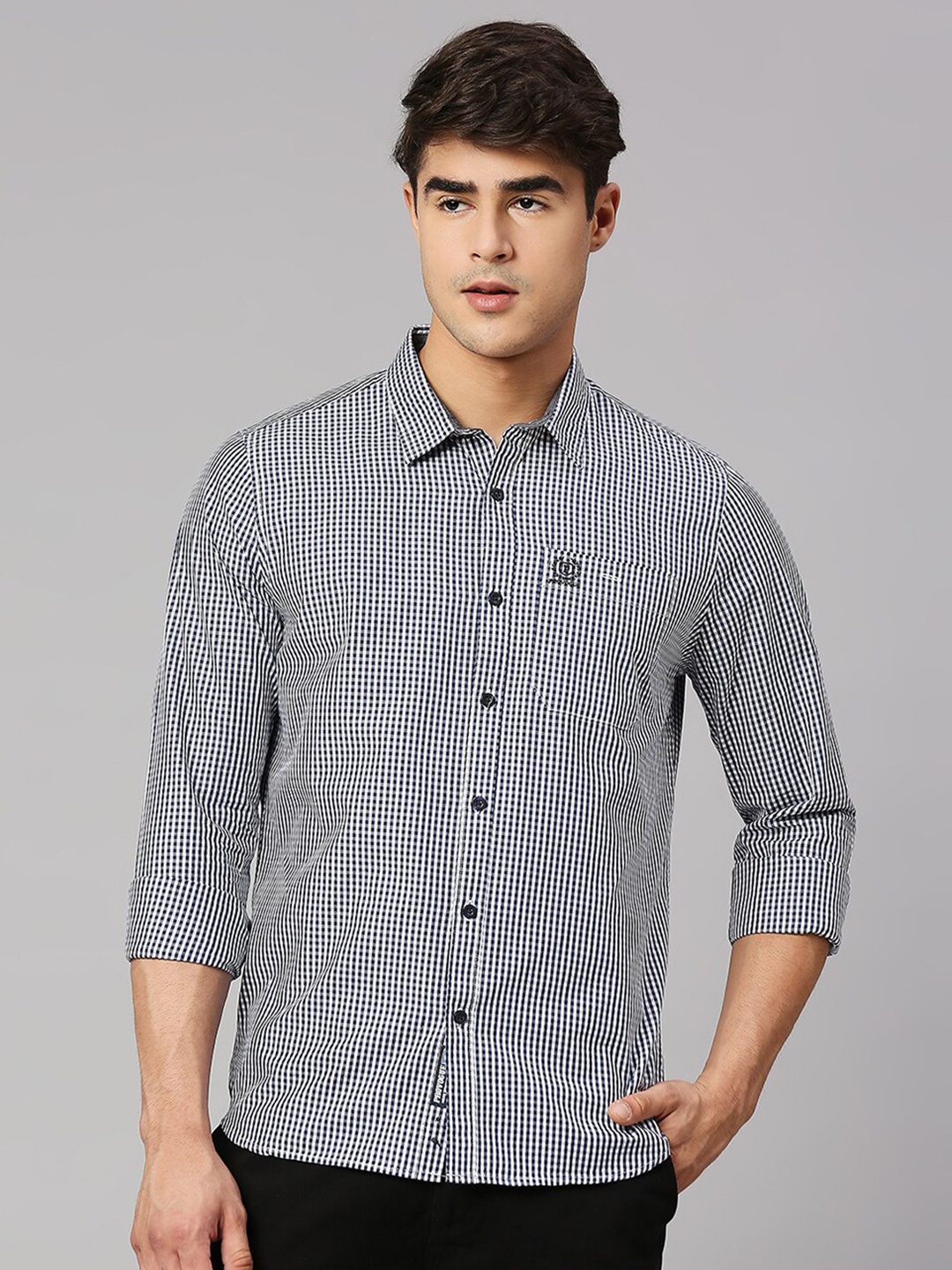 

Provogue Men Micro Ditsy Printed Cotton Classic Slim Fit Opaque Casual Shirt, Navy blue