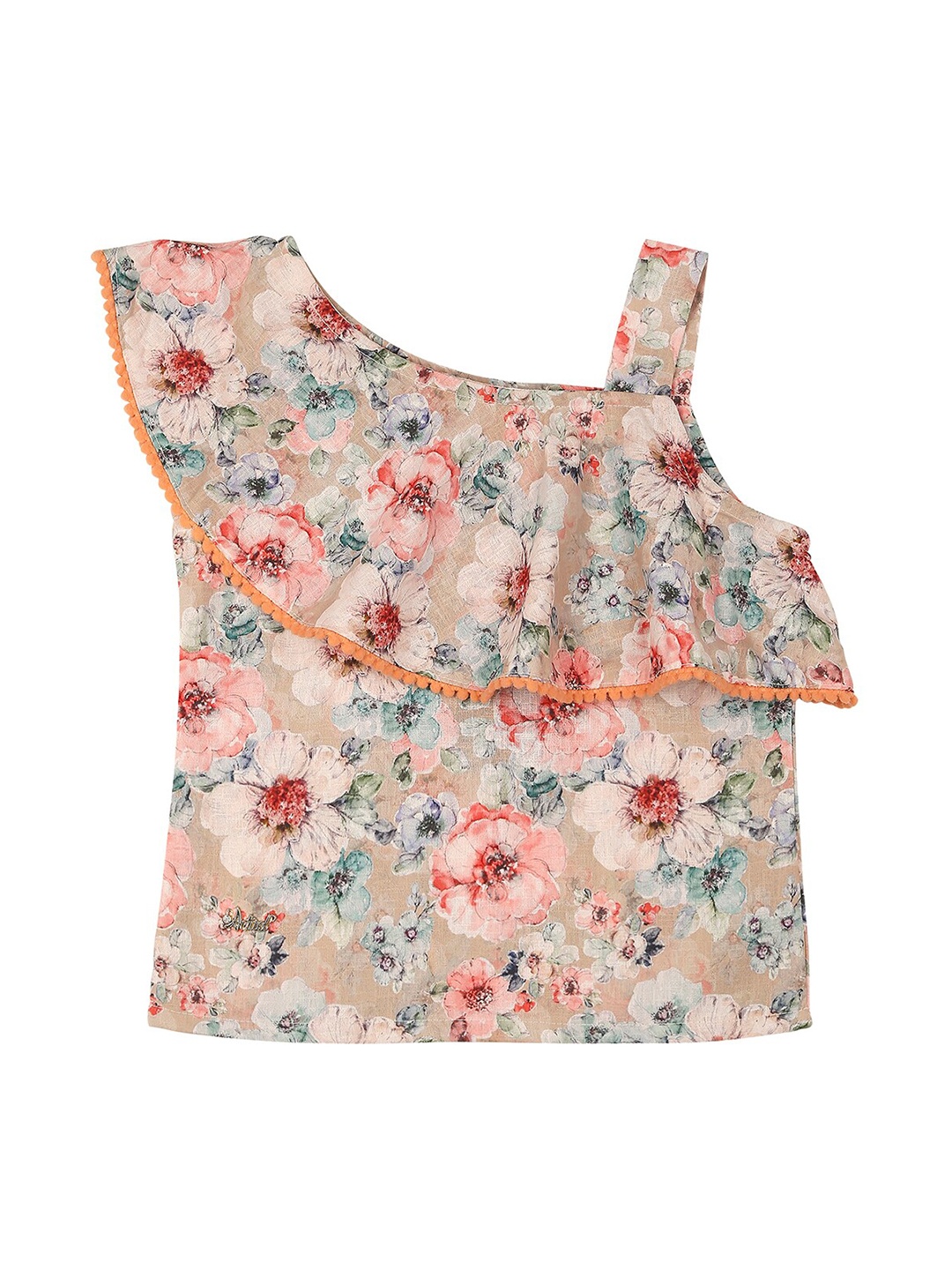 

Actuel Girls Floral Print One Shoulder Pure Cotton Top, Beige