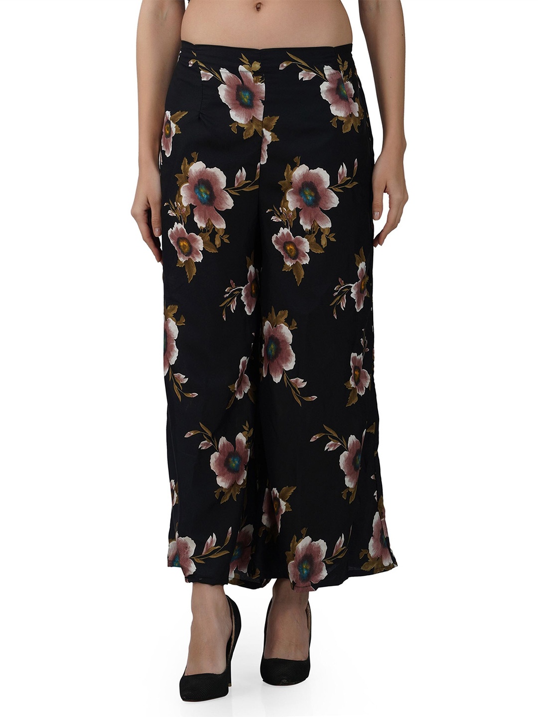 

BCZ Style Women Floral Printed Flared Crepe Palazzos, Black