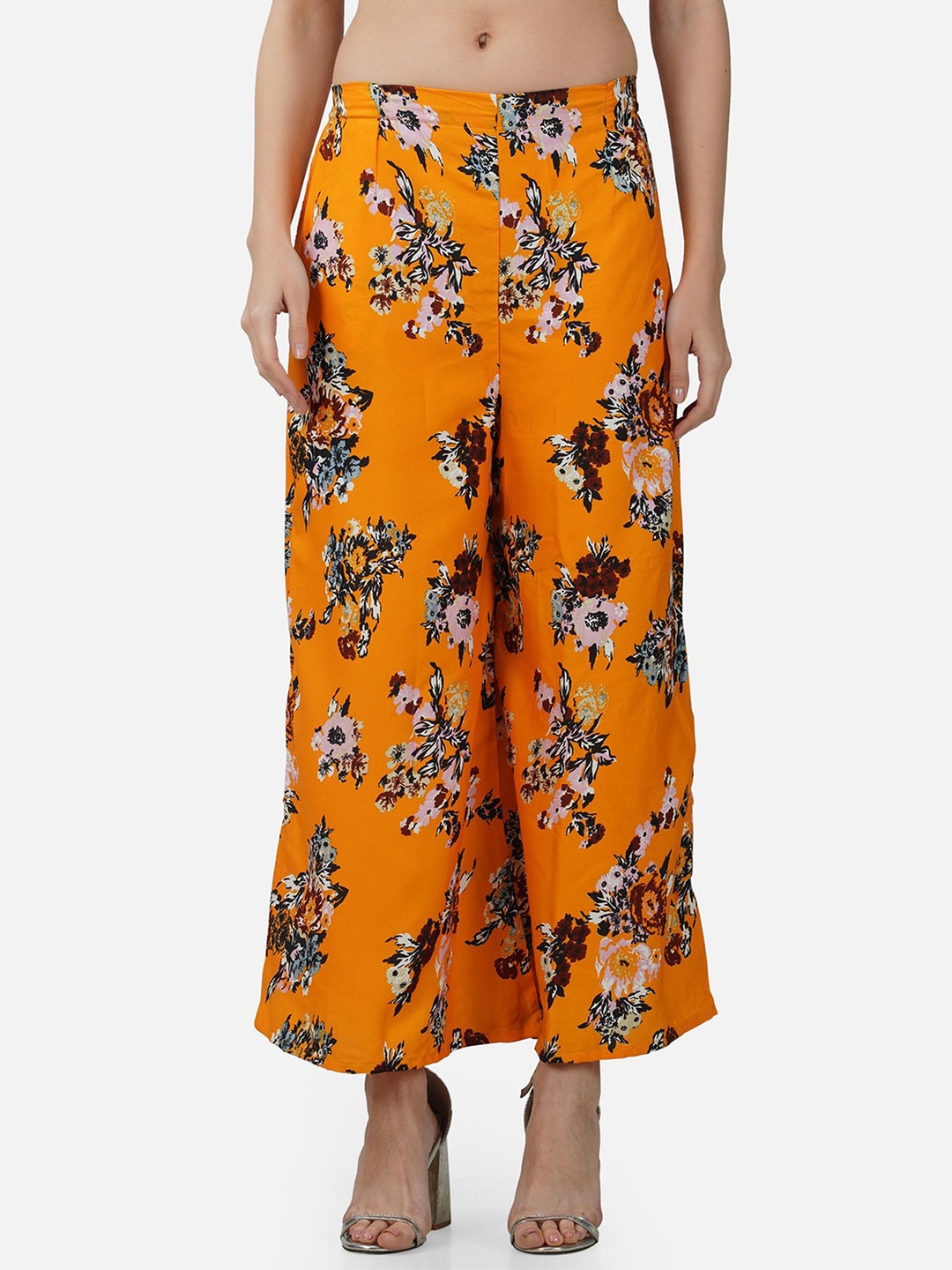 

BCZ Style Women YFloral Printed Flared Fit Crepe Palazzos, Yellow