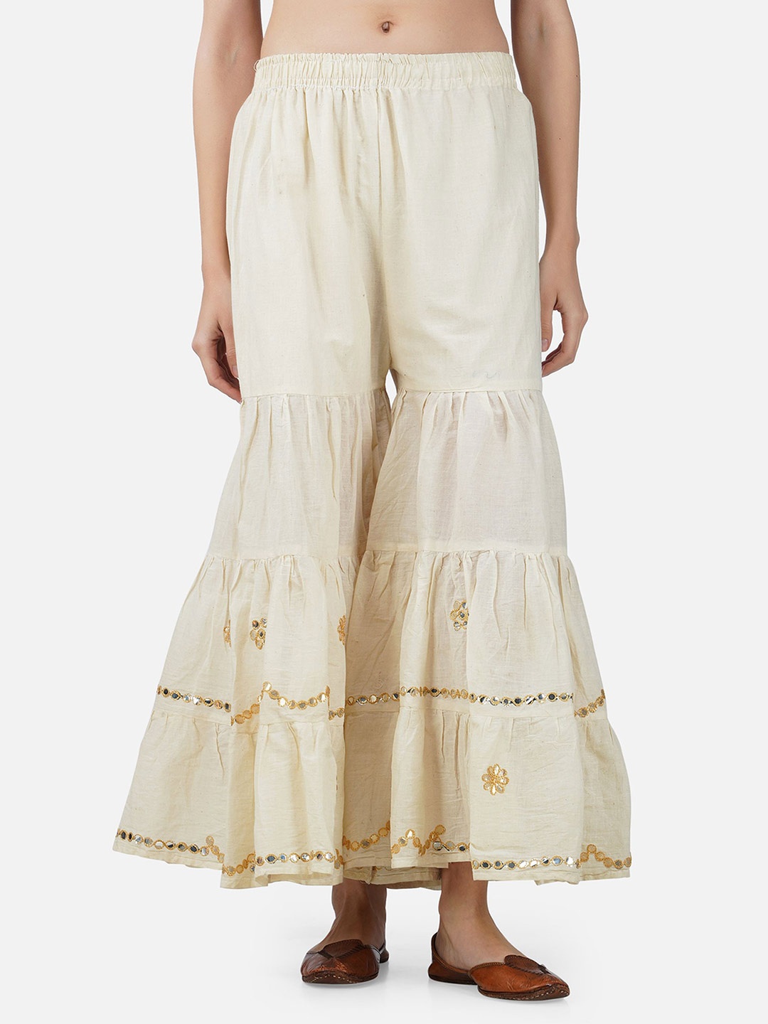 

BCZ Style Flared Ethnic Palazzos, Beige