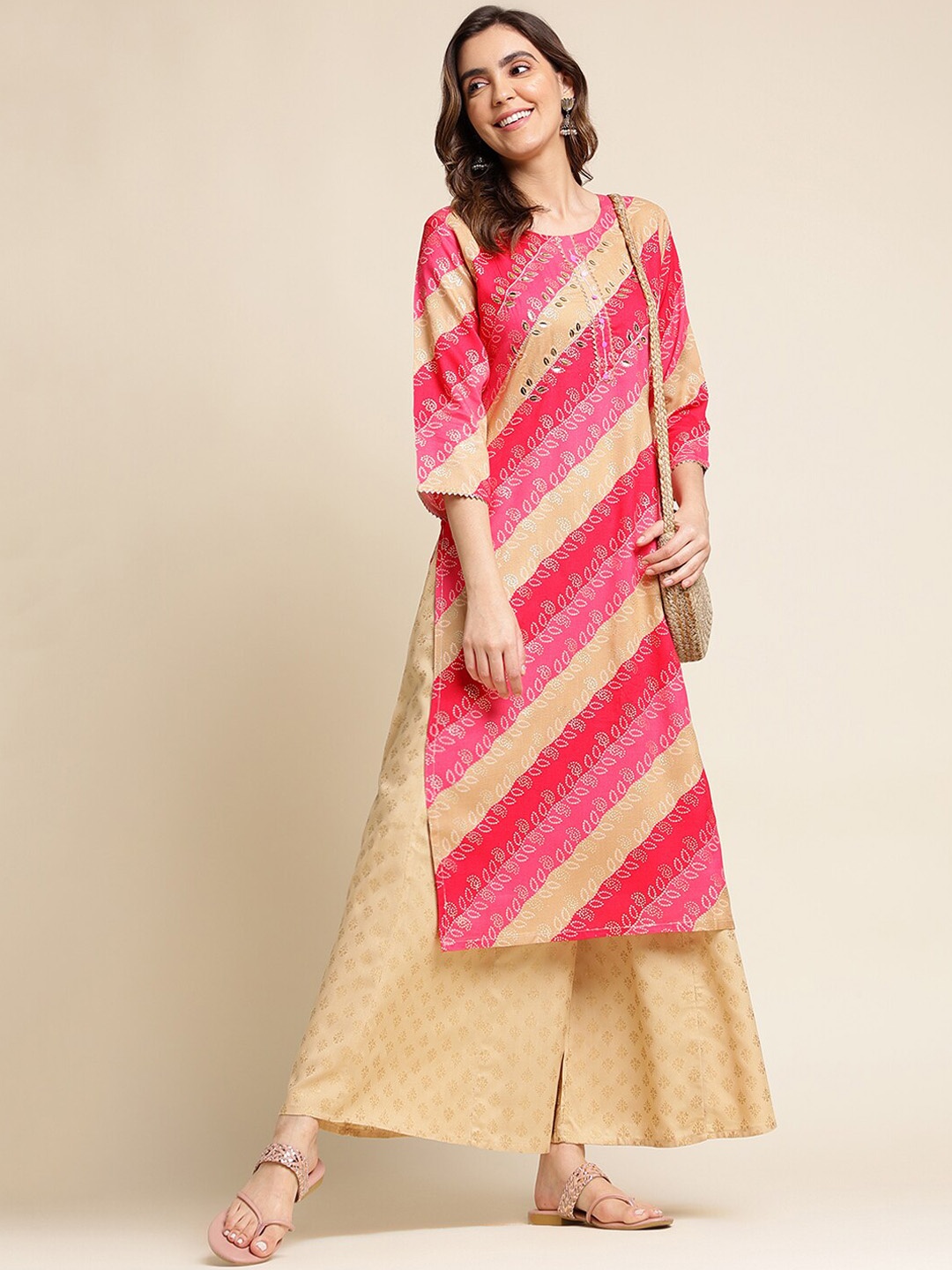 

Ishin Pink Floral Printed Sequinned Embellished Gotta Patti Silk A-Line Kurta