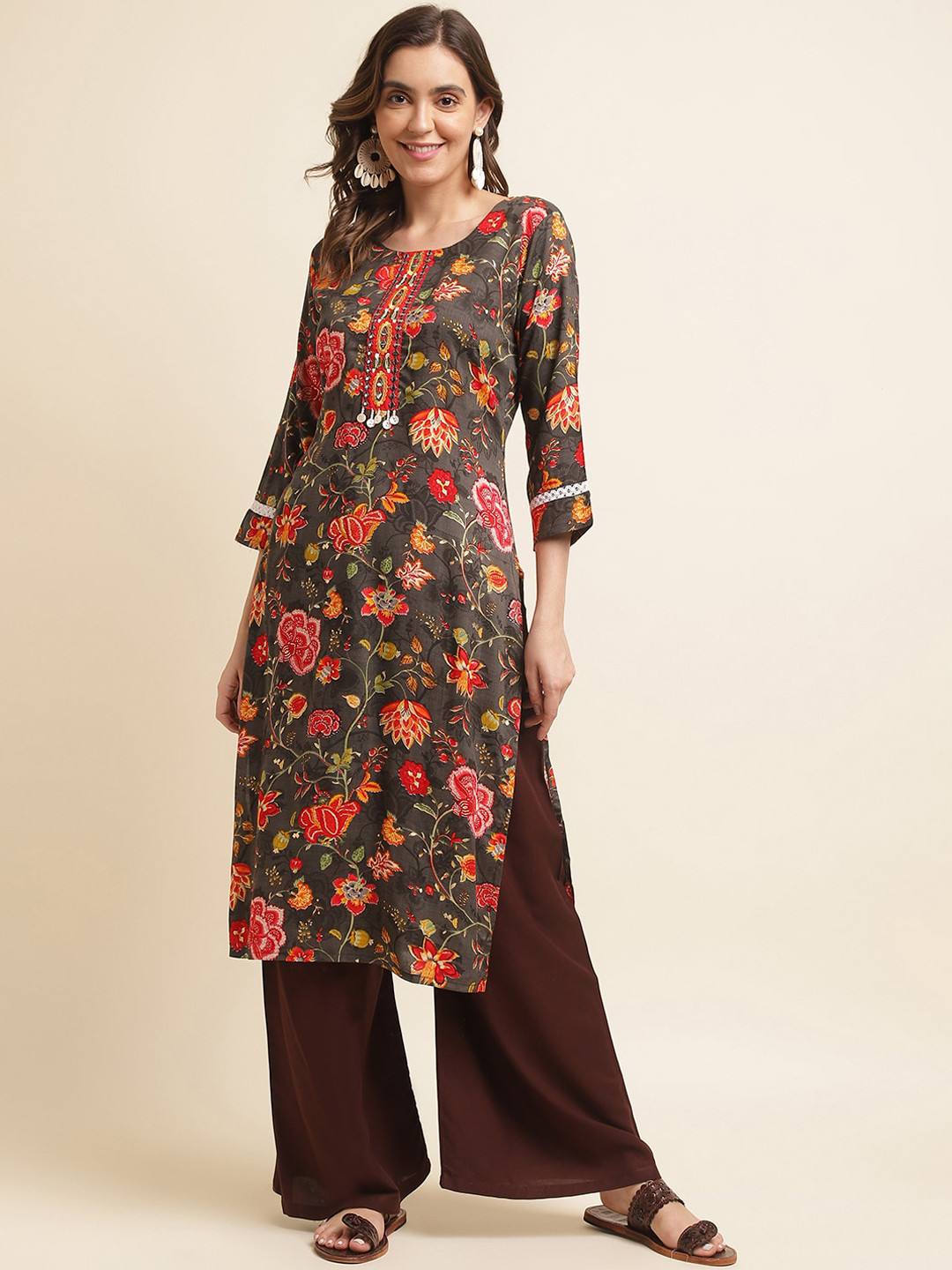 

Ishin Grey Floral Printed Beads Detail A-Line Kurta