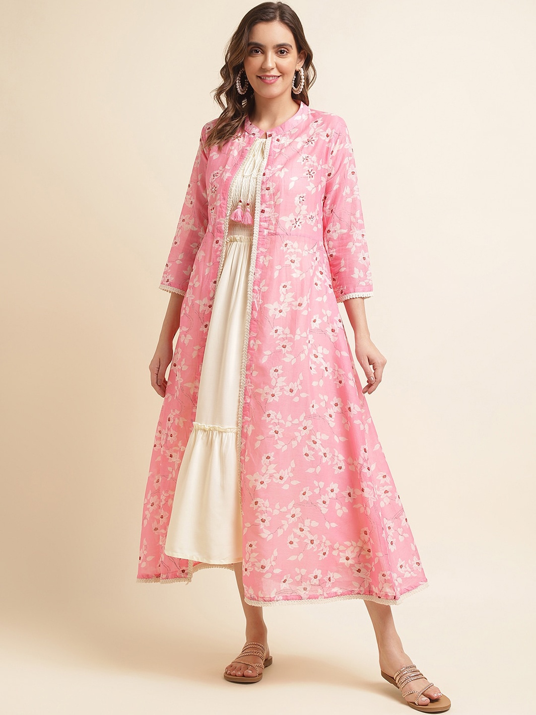 

Ishin White & Peach-Coloured A-Line Ethnic Dress With Shrug