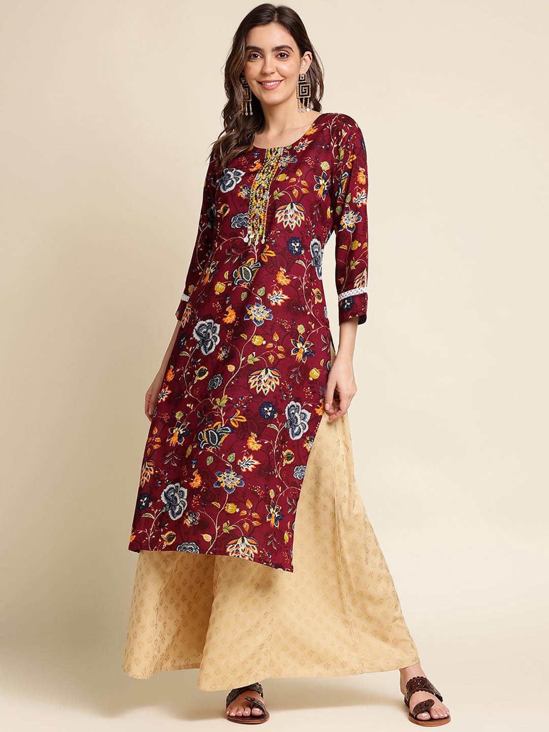 

Ishin Maroon Floral Printed Beads Detail A-Line Kurta