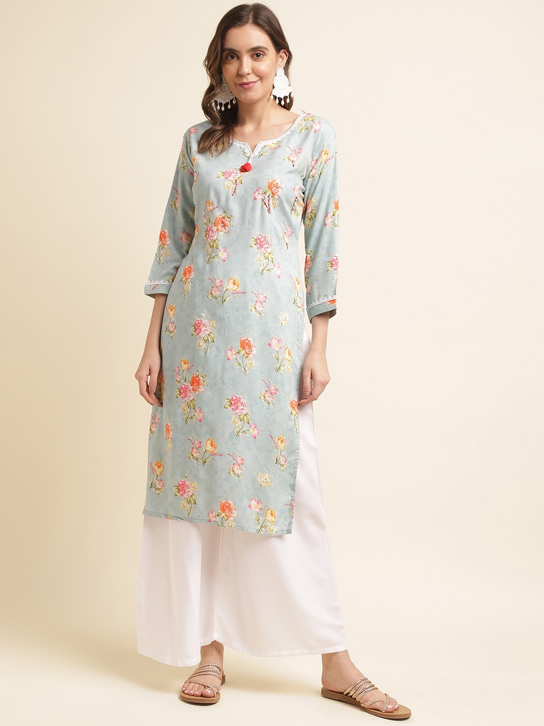 

Ishin Blue Floral Printed Round Neck Kurta