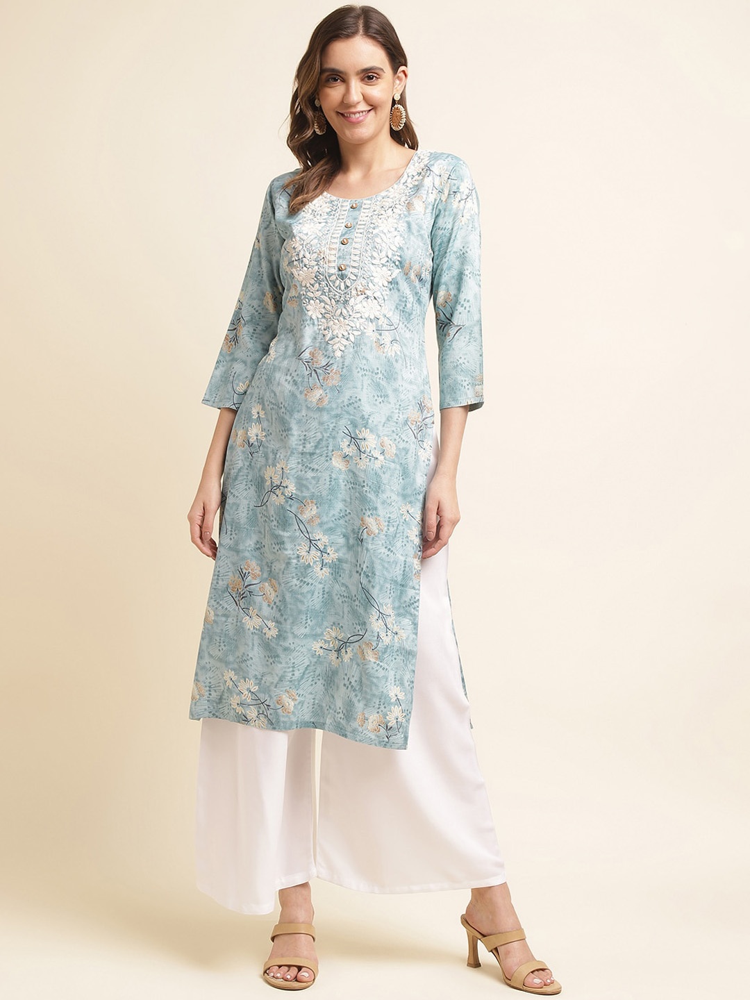 

Ishin Green Floral Embroidered Thread Work Kurta