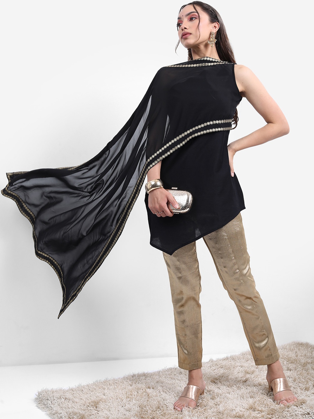 

Vishudh Layered Asymmetric Longline Georgette Top, Black