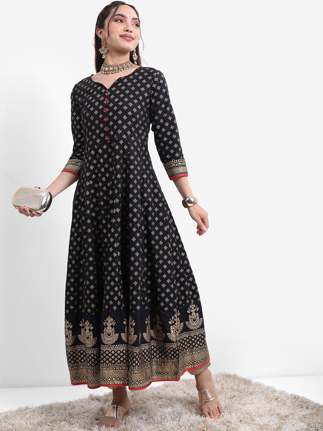 

Vishudh Women Ethnic Motifs Printed Cotton Anarkali Kurta, Black