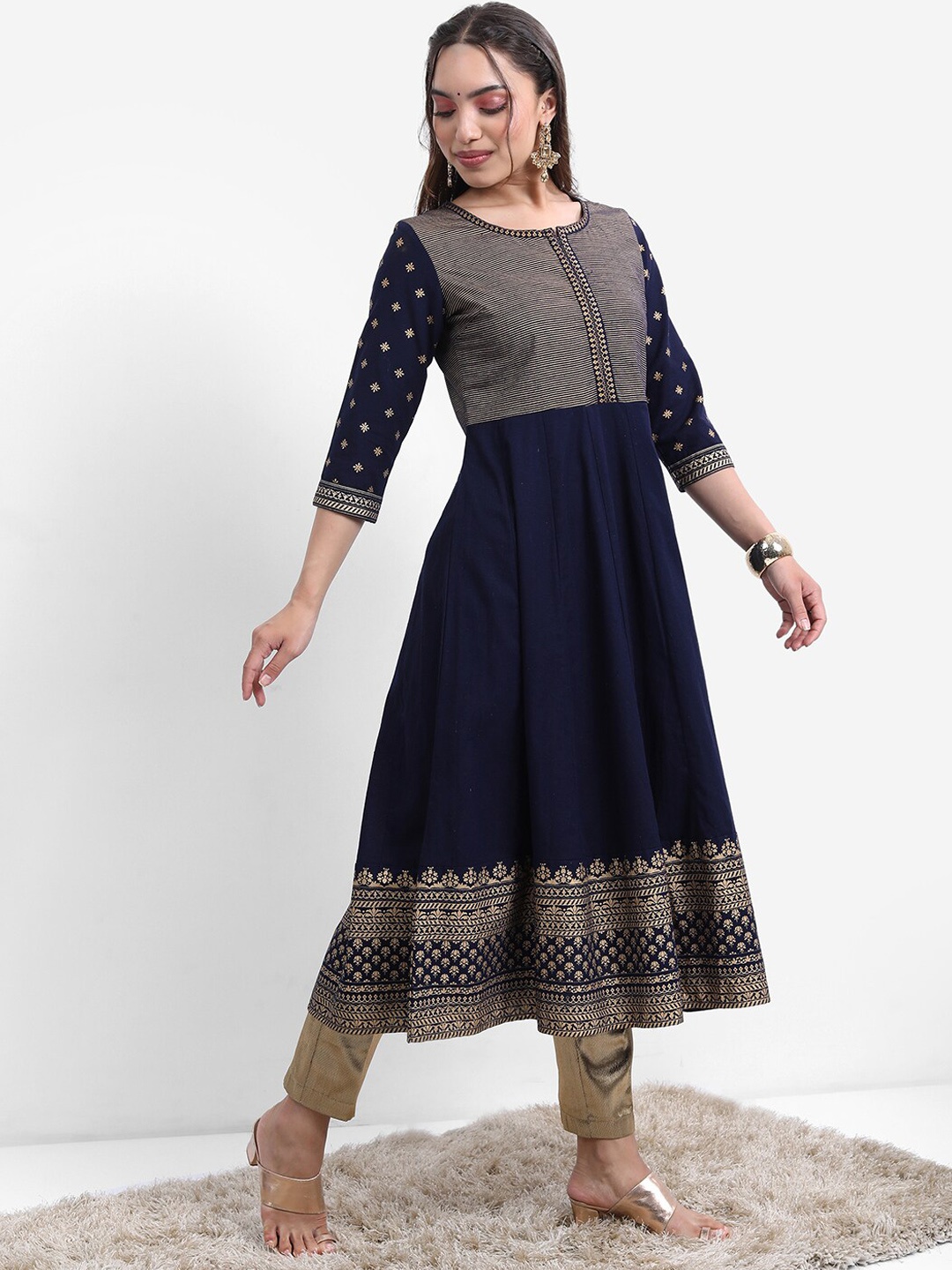 

Vishudh Navy Blue Printed Zari Pure Cotton Anarkali Kurta