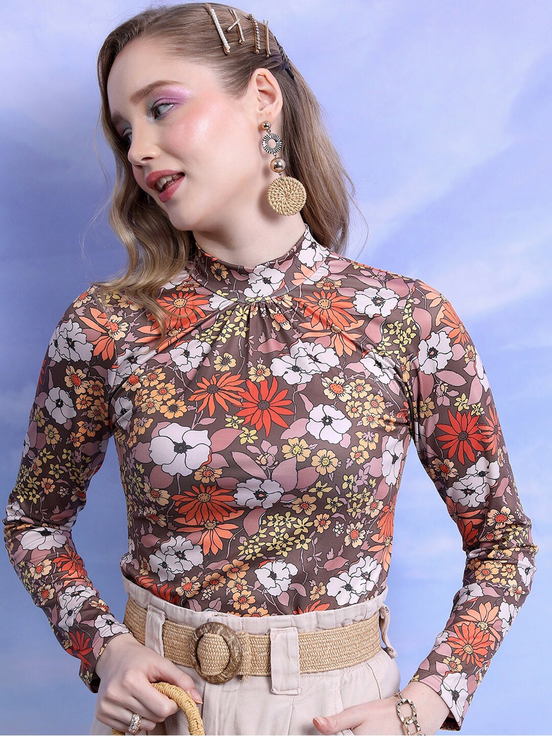 

KETCH Floral Printed High Neck Top, Brown
